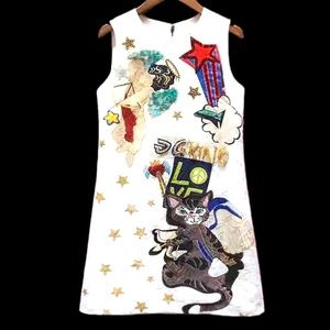 White Brocade Graphic Cat Design Dress